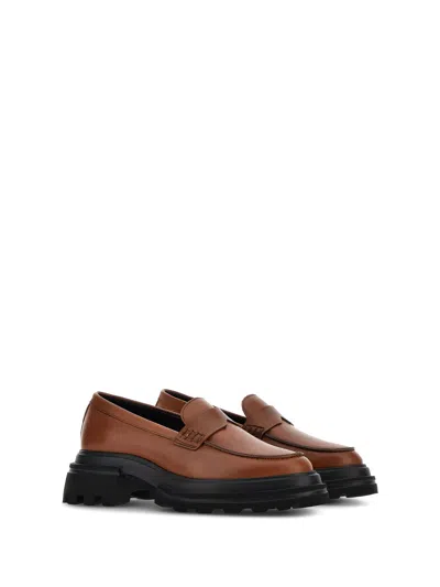 Hogan Round Toe Brown Leather Moccasin With Soft Insole And Eva Sole In Brown