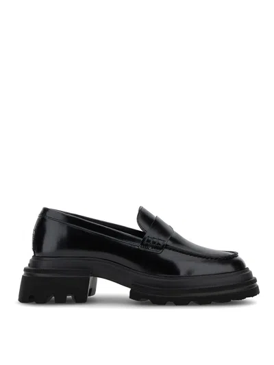 Hogan Polished Leather Loafers In Black
