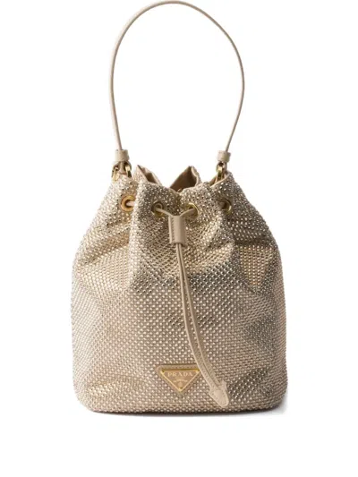 Prada Crystal-embellished Drawstring Bucket Bag In Brown