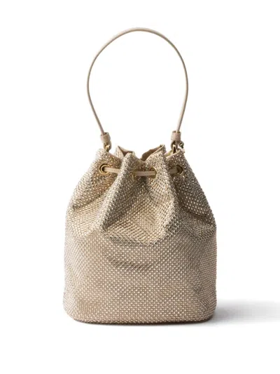 Prada Crystal-embellished Drawstring Bucket Bag In Brown