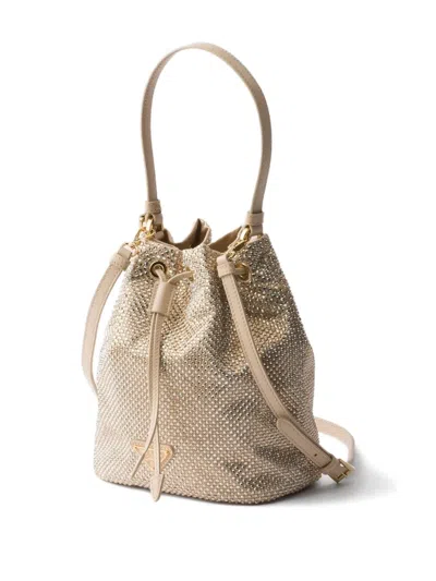 Prada Crystal-embellished Drawstring Bucket Bag In Brown