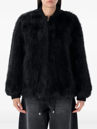 Sword 6.6.44 Sword Eco-fur Bomber Jacket With Adjustable Drawstring In Black