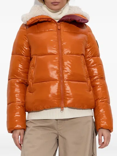 Save The Duck Glossy Padded Short Jacket With Shearling-lined Collar In Orange