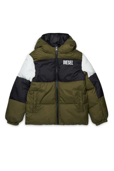 Diesel Colorblock Padded Jacket With Logo In Green