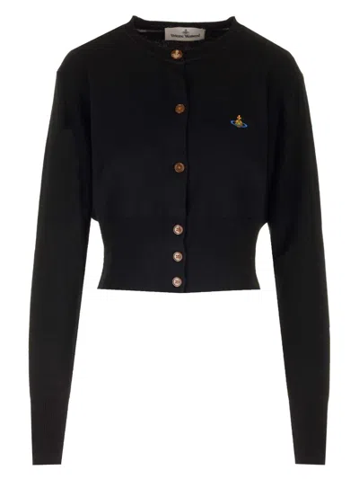 Vivienne Westwood Bea Black Cardigan With Orb Embroidery And Branded Button In Cotton And Cashmere Woman In Blue