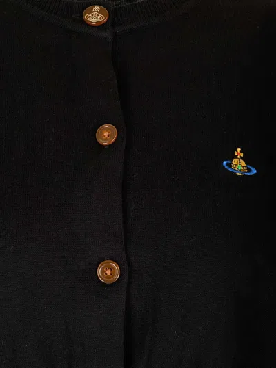 Vivienne Westwood Bea Black Cardigan With Orb Embroidery And Branded Button In Cotton And Cashmere Woman In Blue