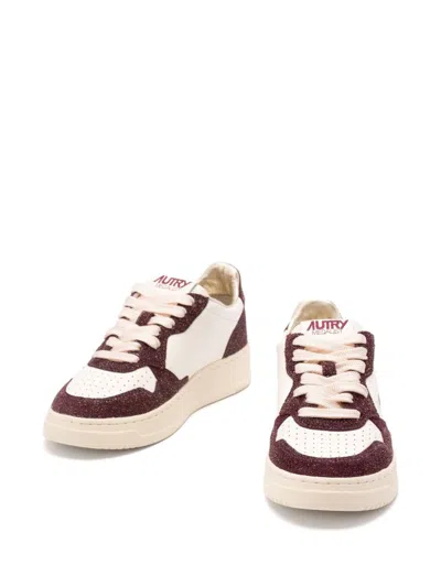 Autry Sneakers Medalist Low In Avory And Burgundy Glittered Leather. In Brown