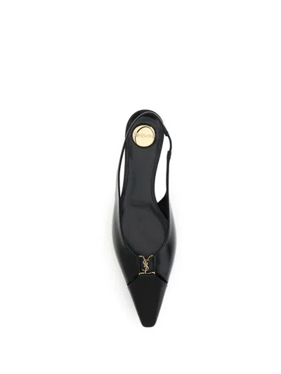 Saint Laurent Leather Slingback Ballet Flats With Pointed Toe In Black
