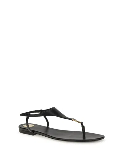 Saint Laurent Smooth Leather Cassandra Triangular Upper Flat Sandals Shoes In Black