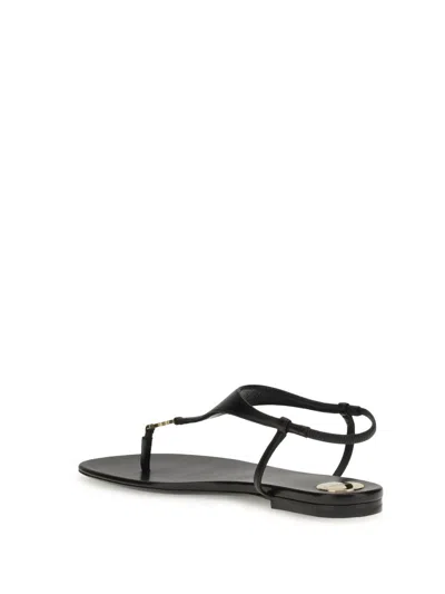 Saint Laurent Smooth Leather Cassandra Triangular Upper Flat Sandals Shoes In Black