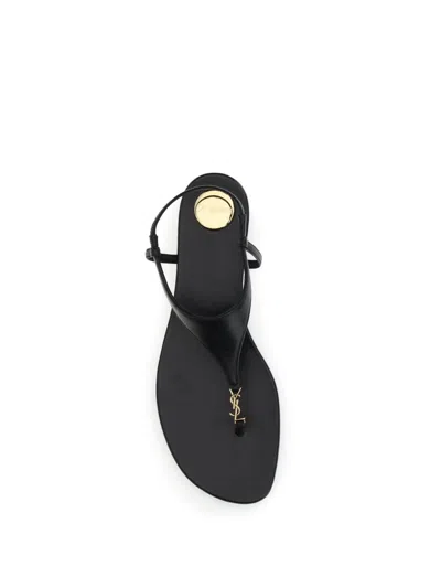 Saint Laurent Smooth Leather Cassandra Triangular Upper Flat Sandals Shoes In Black