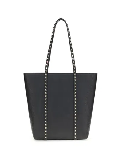 Valentino Rockstud Leather Tote Bag In Black