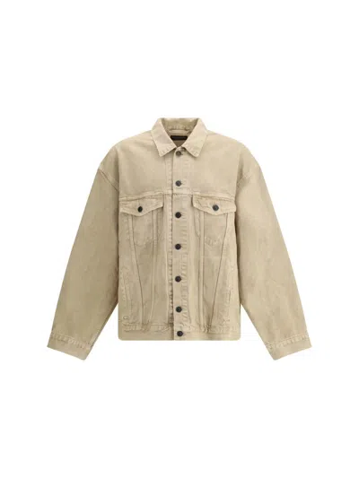 Balenciaga Beige Denim Jacket With Contrast Logo Embroidery In Brown