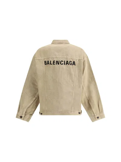 Balenciaga Beige Denim Jacket With Contrast Logo Embroidery In Brown
