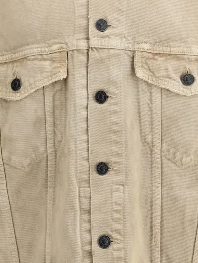 Balenciaga Beige Denim Jacket With Contrast Logo Embroidery In Brown