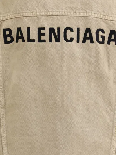 Balenciaga Beige Denim Jacket With Contrast Logo Embroidery In Brown