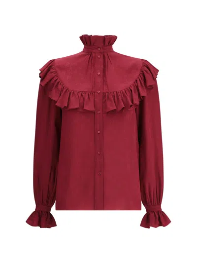 Saint Laurent Ruffled Floral Silk-jacquard Blouse In Red