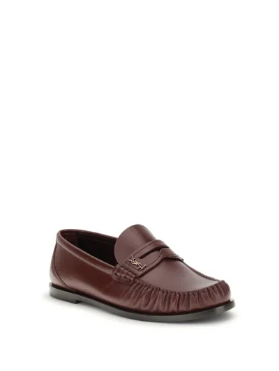 Saint Laurent Cassandre Smooth Leather Penny Loafers In Brown