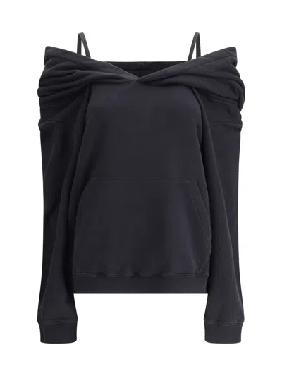 Mm6 Maison Margiela Off-shoulder Black Cotton Hoodie With Front Kangaroo Pocket In Blue
