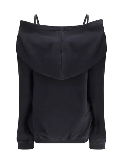 Mm6 Maison Margiela Off-shoulder Black Cotton Hoodie With Front Kangaroo Pocket In Blue
