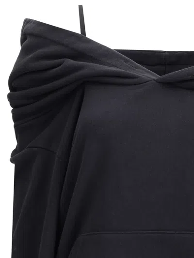 Mm6 Maison Margiela Off-shoulder Black Cotton Hoodie With Front Kangaroo Pocket In Blue
