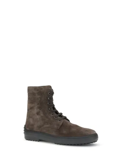 Tod's Suede Ankle Boots With Round Toe And Rubber Sole In Brown