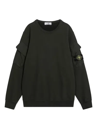 Stone Island Brushed Organic Cotton Fleece Sweatshirt With Ribbed Inserts In Green