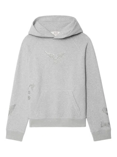 Zadig & Voltaire Georgy Multicusto Strass Cotton Hoodie In Gray