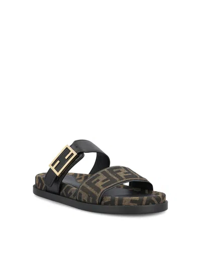 Fendi Leather Sandals With Double Strap And Buckle In Black