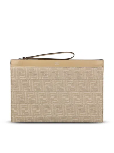 Fendi Ff Medium Flat Pouch In Neutral