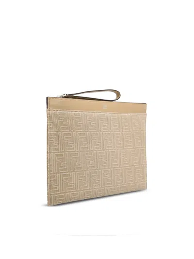 Fendi Ff Medium Flat Pouch In Neutral
