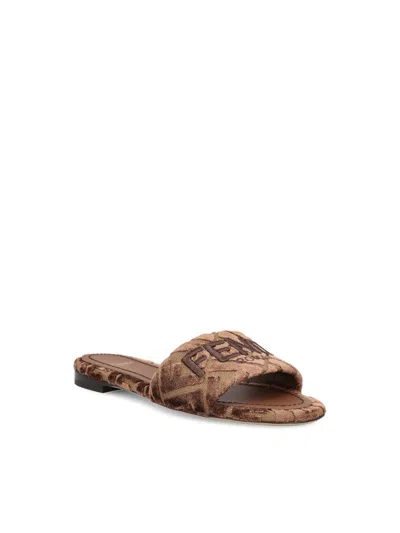 Fendi Sunshine Logo-embroidered Velvet Flat Sandals In Brown