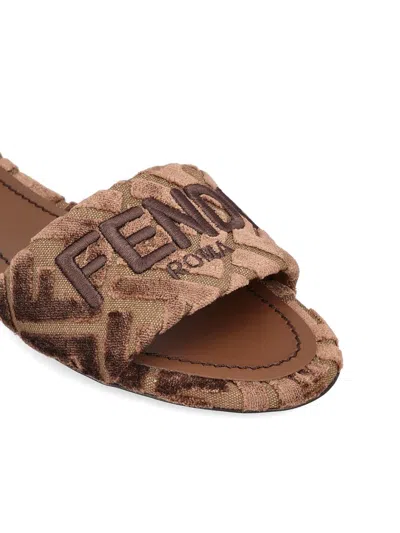 Fendi Sunshine Logo-embroidered Velvet Flat Sandals In Brown