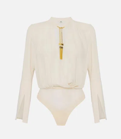 Elisabetta Franchi Bodysuit In Georgette Fabric With Jewel Details In Neutral