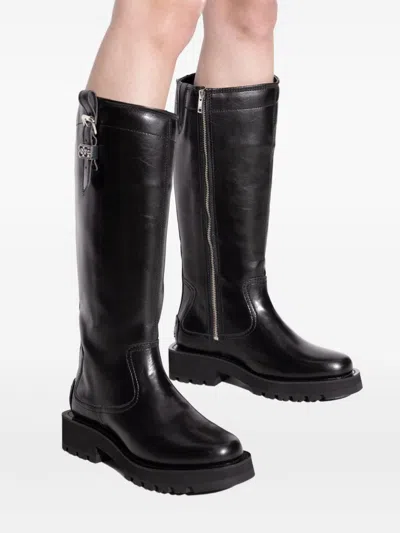 Ganni Buckle Knee-high Leather Lug Round Boots In Black