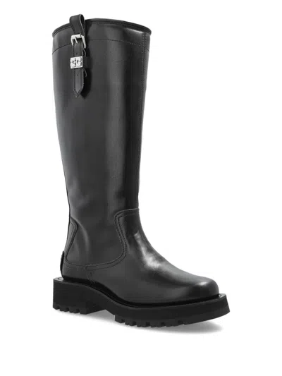 Ganni Buckle Knee-high Leather Lug Round Boots In Black