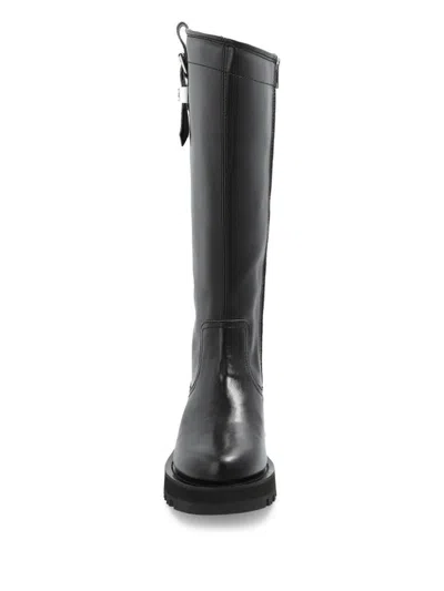 Ganni Buckle Knee-high Leather Lug Round Boots In Black