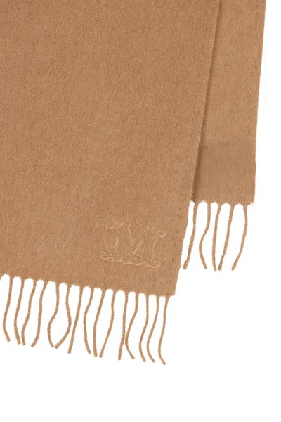 Max Mara Embroidered Monogram Cashmere Stole With Fringed Edges In Brown