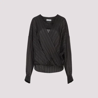 Dries Van Noten V-neck Striped Draped Long Sleeves Blouse In Black