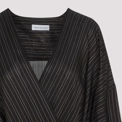 Dries Van Noten V-neck Striped Draped Long Sleeves Blouse In Black
