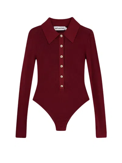 Self-portrait Bordeaux Viscose Bodysuit With Classic Collar In Burgundy