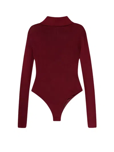Self-portrait Bordeaux Viscose Bodysuit With Classic Collar In Burgundy