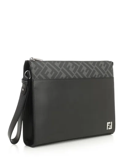 Fendi Leather And Canvas Ff Squared Clutch Bags In Black