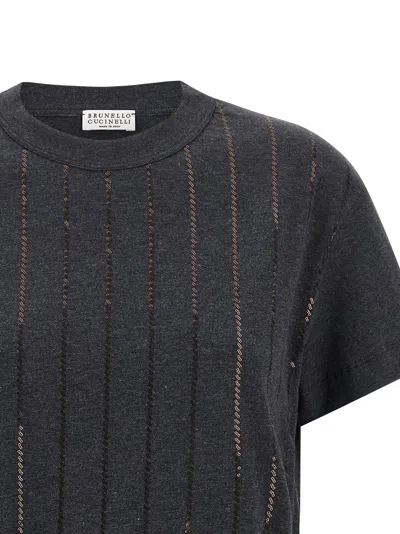 Brunello Cucinelli Dazzling Chalk Stripe Embroidery T-shirt In Gray