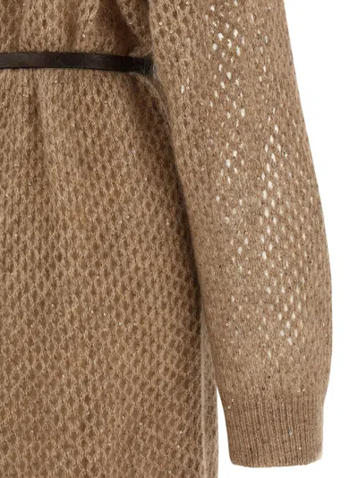 Brunello Cucinelli Women Mohair Blend Long Dress With Sequins In Brown