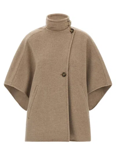 Max Mara Short-sleeve Wool Coat With Buckle Detail And Side Pockets In Brown