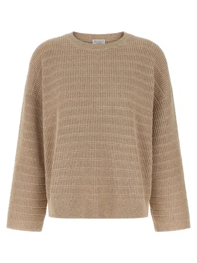 Brunello Cucinelli Diamond Cotton Sweater Sweaters And Cardigans Beige In Brown