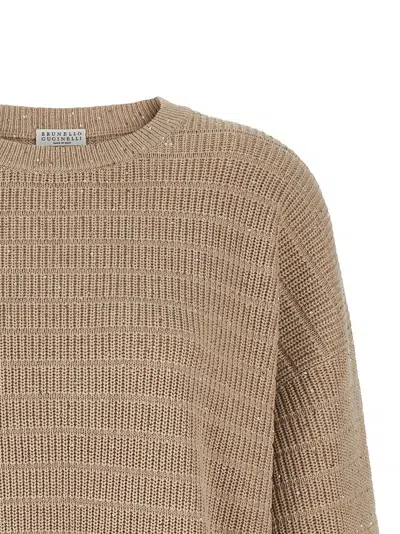 Brunello Cucinelli Diamond Cotton Sweater Sweaters And Cardigans Beige In Brown