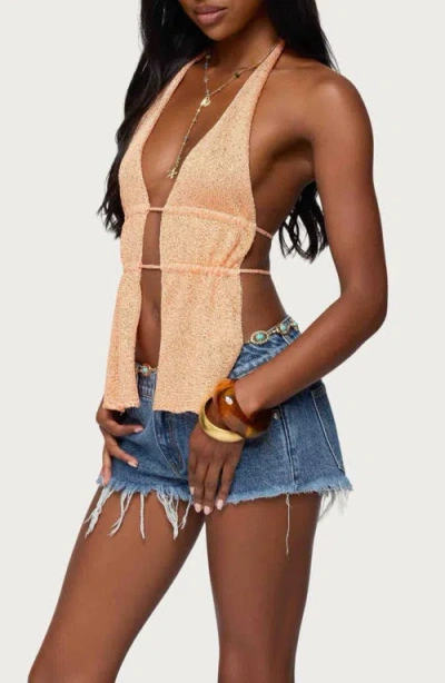 Edikted Sequin Split Front Knit Halter Top In Gold