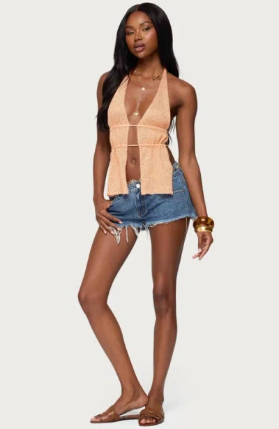 Edikted Sequin Split Front Knit Halter Top In Gold